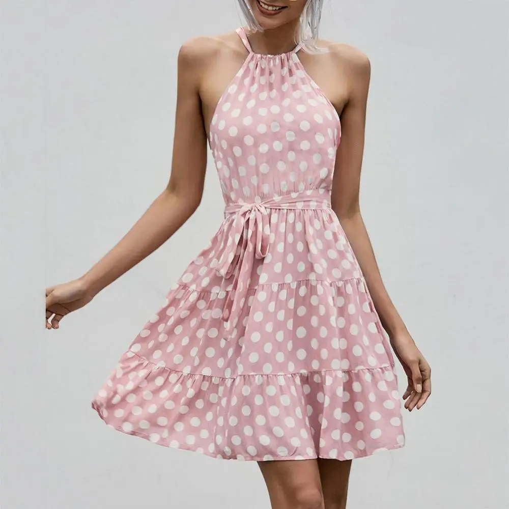 

Sexy Women Sleeveless Ruffled Halter Dots Print Waist Belt A Line Mini Dress