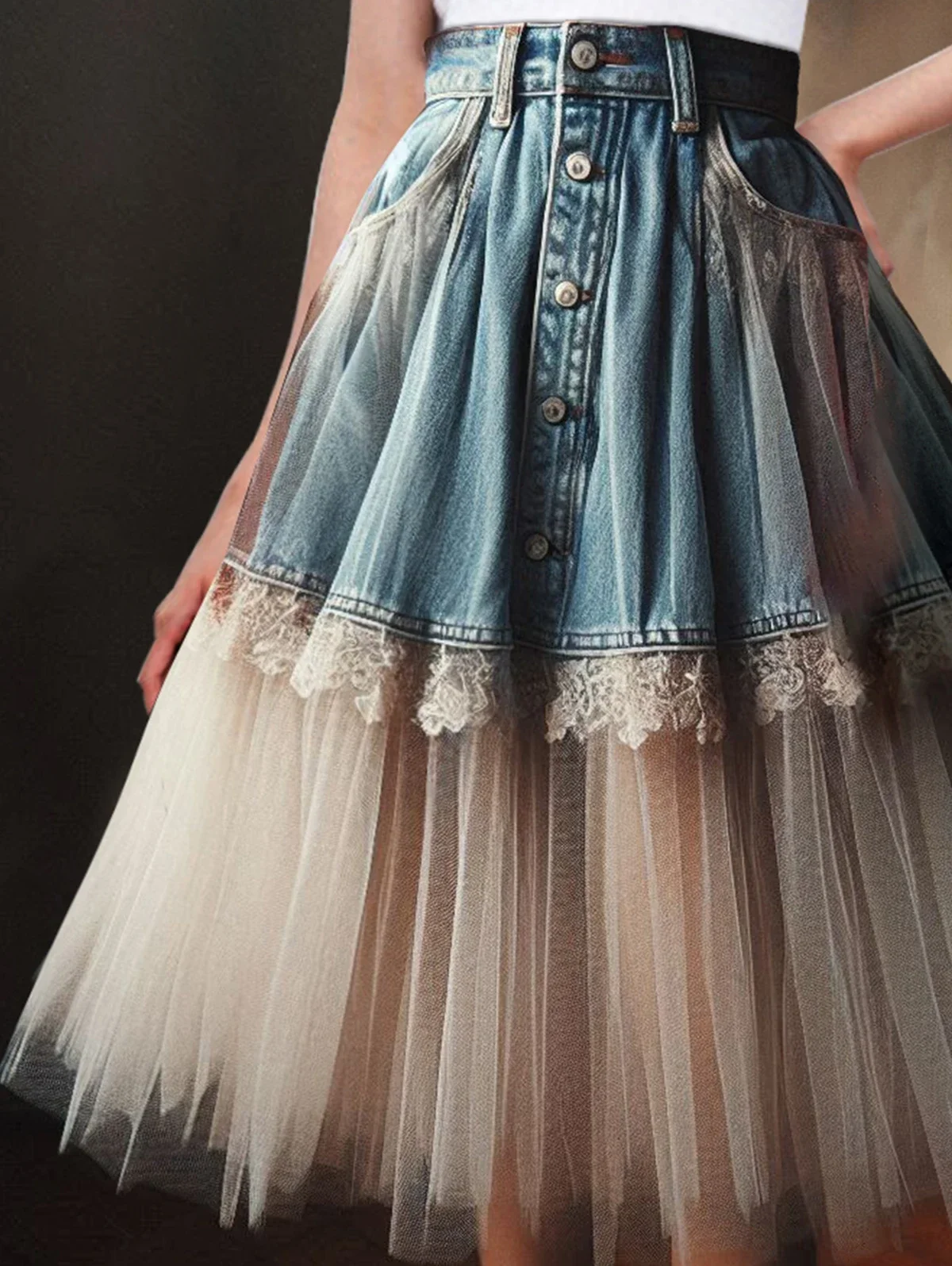 dżinsowa spódnica damska z wysokim stanem Denim Lace Tulle Patchwork A-Line Ruffled Pleated Midi Skirt 2024 Summer Y2k Fashion