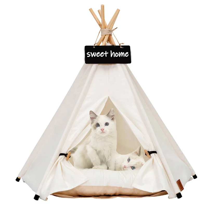 

Pet Teepee Dog Tent House Cat Bed with Thick Canvas Cushion Blackboard Folding Playpen Puppy Kennel for Small Medium Dogs Cats