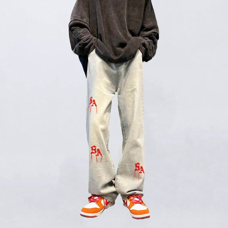 Four Seasons Men's Jeans Light Blue Embroidered Straight Fashion Casual Loose Trousers High Street Hip Hop Men's Denim Trousers