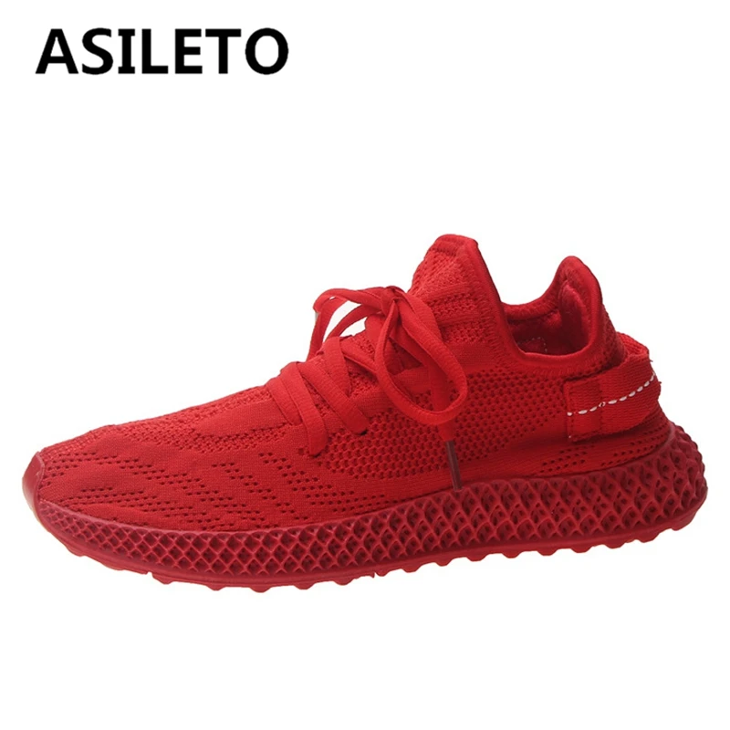 

ASILETO New Women Sneakers Round Toe Lace-Up Breathable Mesh Solid Fashion Sports Shoes Plus Size 35-40 Red Black Spring S3288