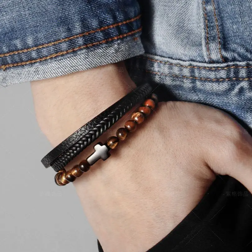 

New Stainless Steel Black Multilayer Genuine Leather Bracelet For Men Magnetic Clasp Button Vintage Braid Bangle Jewelry