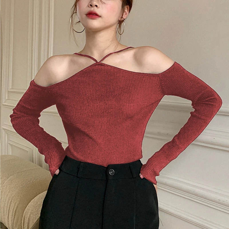 

Женский трикотажный свитер с открытыми плечами, белый или черный свитер с длинным рукавом, приталенный, в винтажном стиле, на осень, 2022