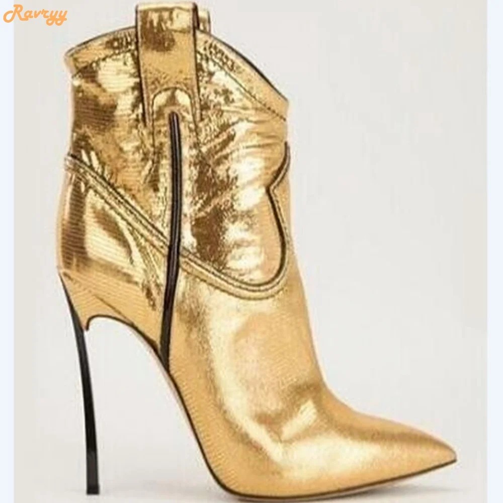 Gold Fashion Splicing Boots Pointed Toe Stiletto Heel Slip On Ankle Boots Women Large Size Short Boots 12cm Heel