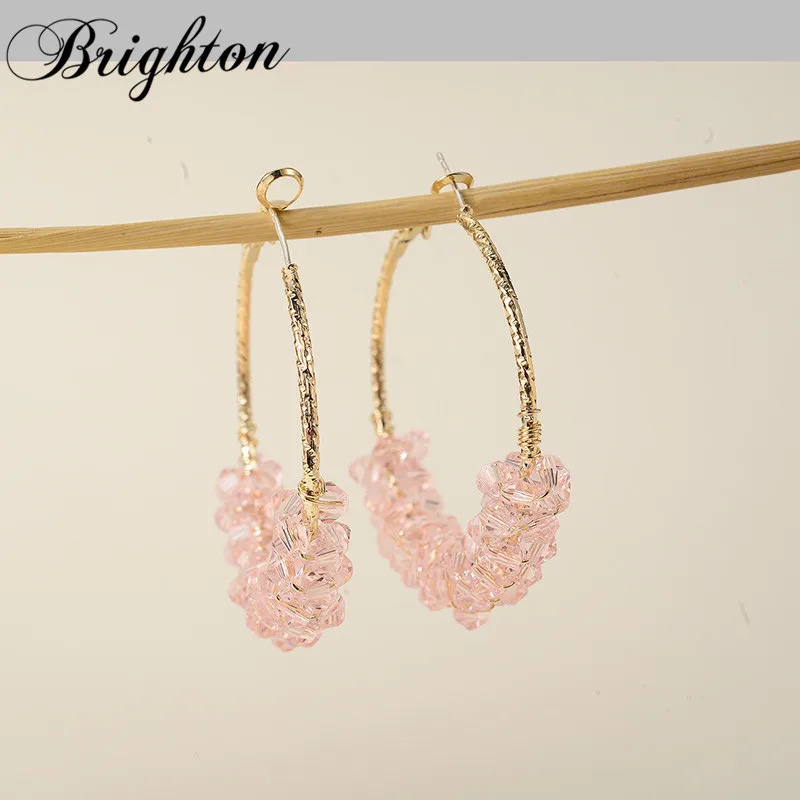 

Brighton New Fashion Oversize Pink Beads Hoop Earrings For Women Fashion Party Wedding Circle Metal Brincos Trendy Jewelry Gift