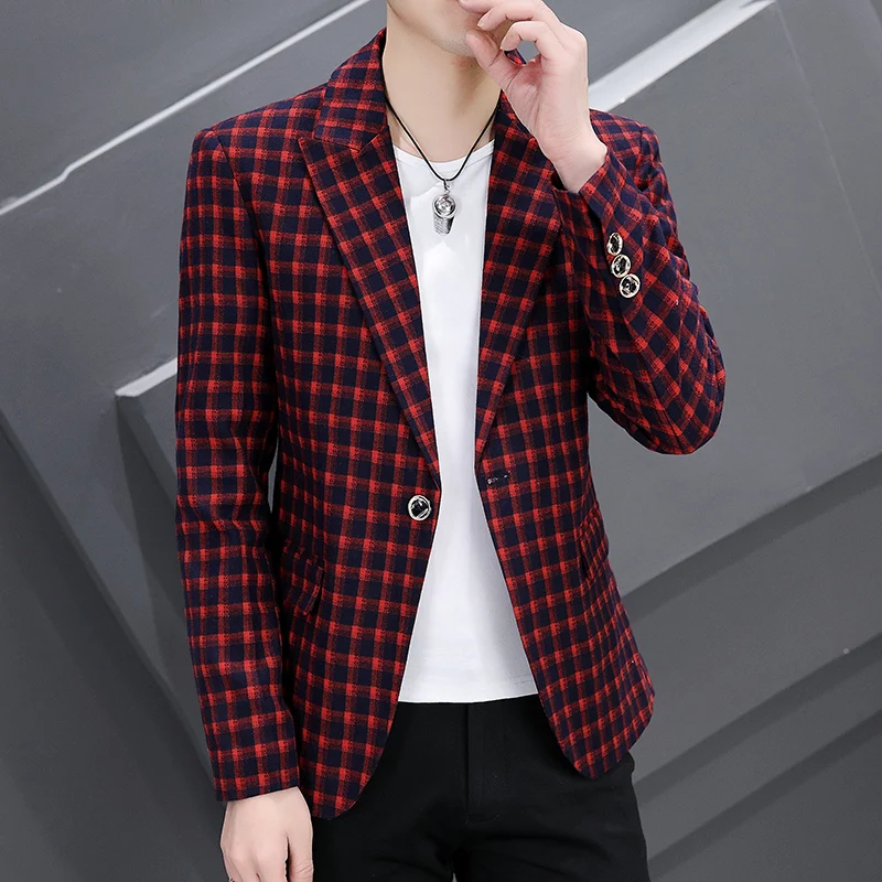 

Checked Suit Jacket Men's Spring and Autumn New Style Suit Casual Fashion Top Youth Handsome Hong Kong Style Men's Clothing