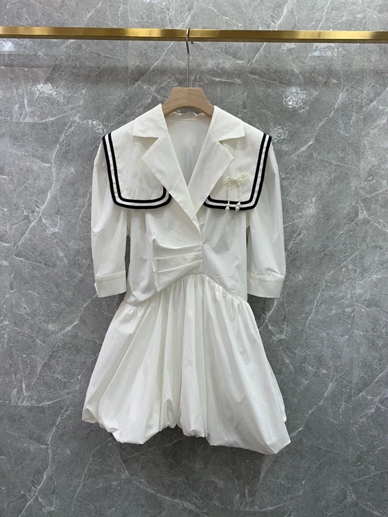 

2022 new women's fashion long-sleeved lapel bow Western-style age-reducing and slim A-swing dress 419