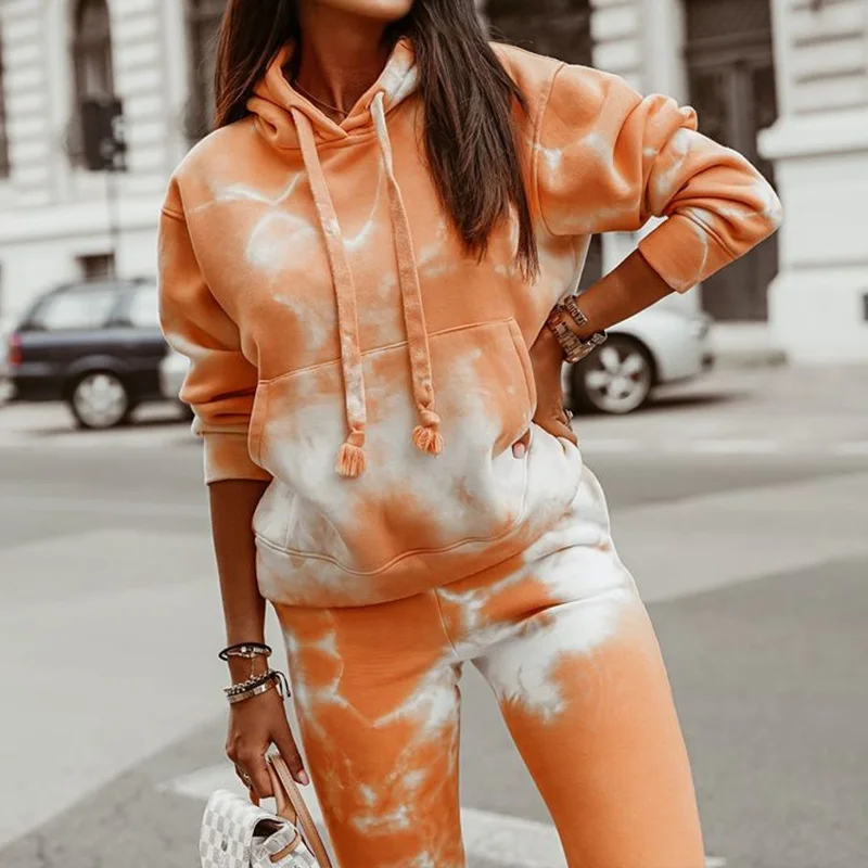 

Autumn High Street Tie-Dye Gradient Slim 2pc Set Women Sweatshirt Top + Pencil Pants Casual Outfit Fashion Loose Sportswear Suit