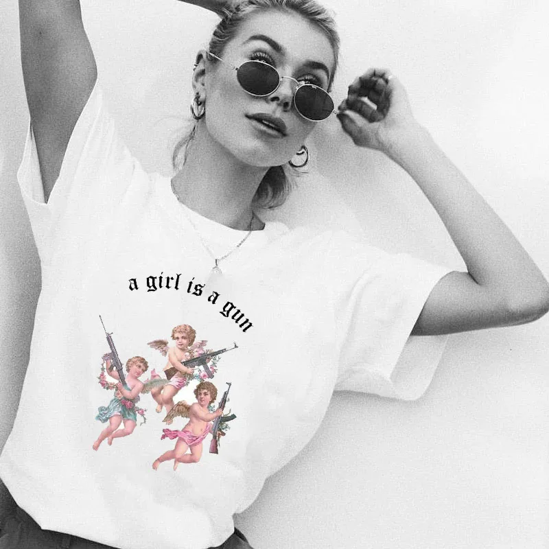 

Girl Is Gun Angel Cherub Graphic Tee Summer Fashion Aesthetic Sweet Style Kawaii Cute Grunge Harajuku Unisex Women T-Shirt Tops
