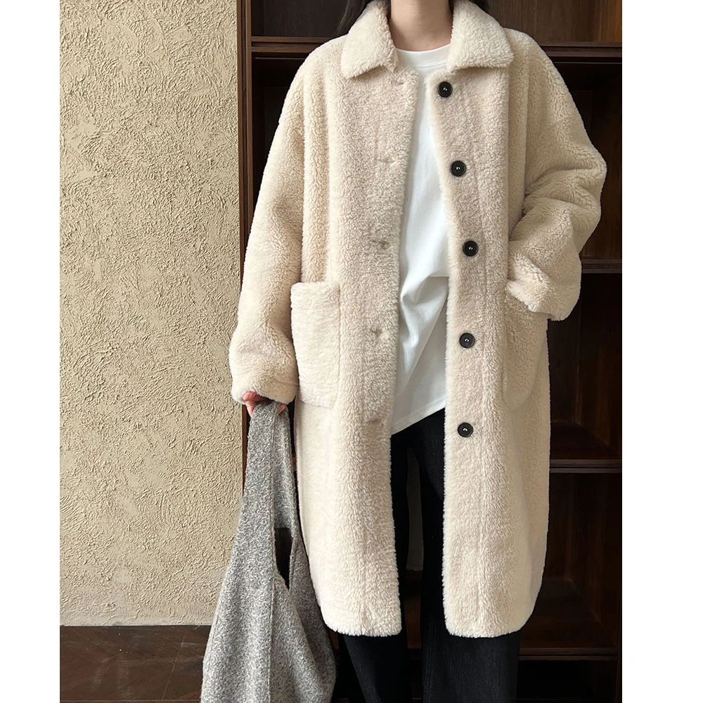 Новинка 2024 женское теплое меховое пальто плотное длинное из овечьей шерсти с
