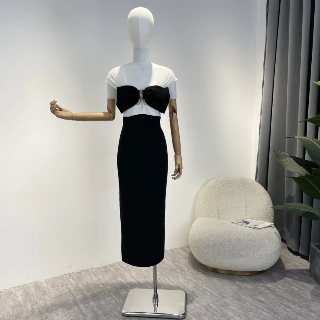 

Original Design White Black Midi Dress Crystal Front Big Bow Chiffon 2022 Summer Autumn Elegant Women Clothing