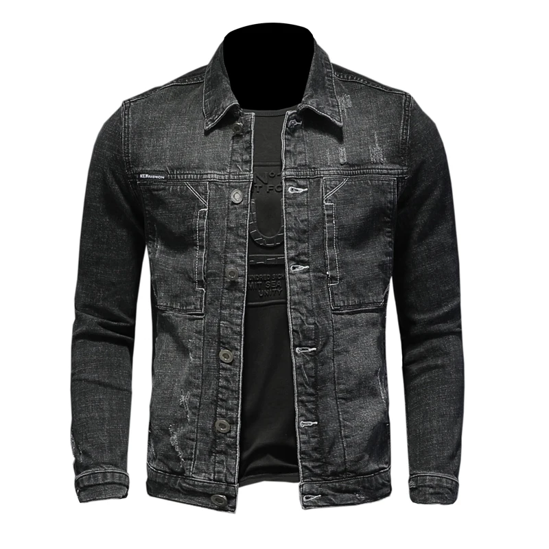 

Brand New Quality Men Denim Jacket Frayed Coat Black Spring Autumn Outerwear Motorcyle Masculine