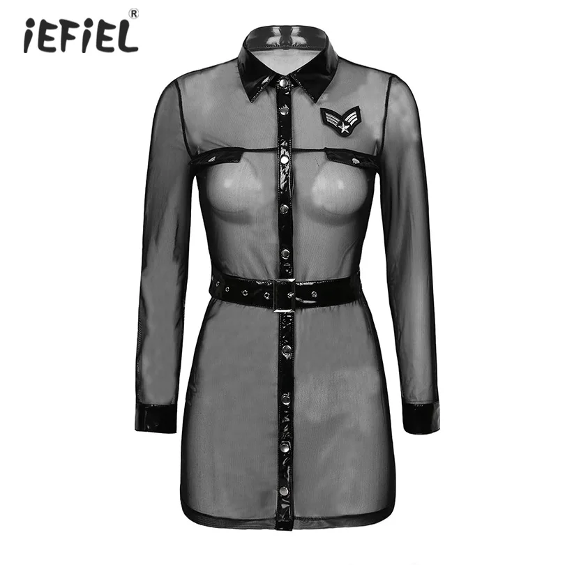 

Женское прозрачное Сетчатое платье, рубашка для полицейских, ролевых игр, женское белье из лакированной кожи, мини-платье на пуговицах с дли...