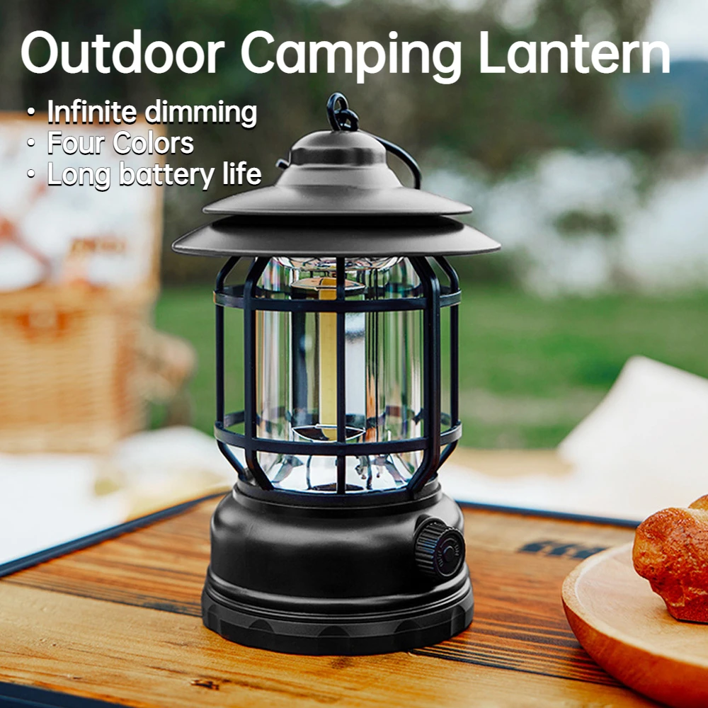 

Portable Outdoor Camping Lights Type-C Rechargeable Retro Hand Lantern Rotating Dimming LED Light Lasting for 5-12h Tent Lamp