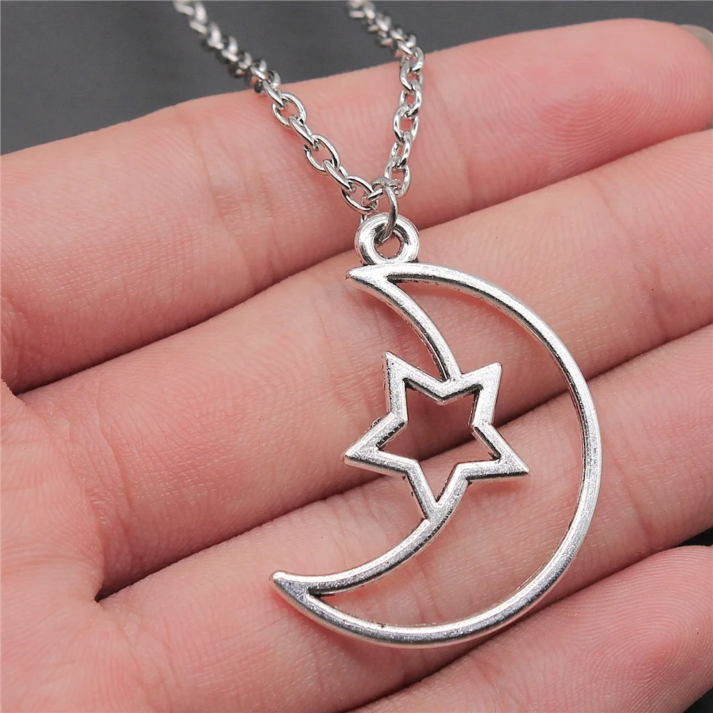 

Vintage Antique Silver Plated 37x25mm Moon Stars Metal Frame Pendant Necklace For Women Men Long Chain Jewelry Accessories