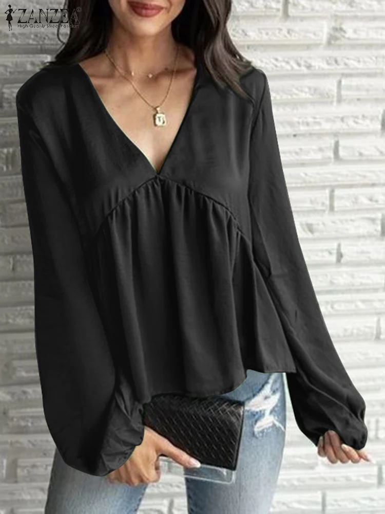 

ZANZEA Fashion Spring Pleated Blouse Women's Solid Tops Tunic Casual Long Sleeve Blusas Female V Neck A Line Oversized Chemise