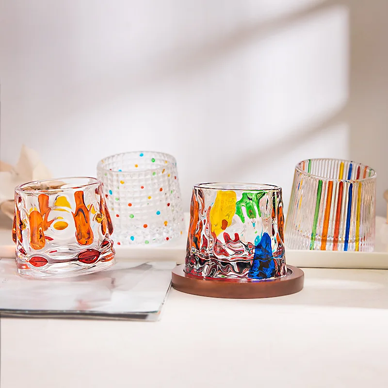 

Hand Painted Spinning Glass with Coaster Colored Coffee Milk Water Cup Tumbler Whiskey Beer Mug Creative wine glass shot glass