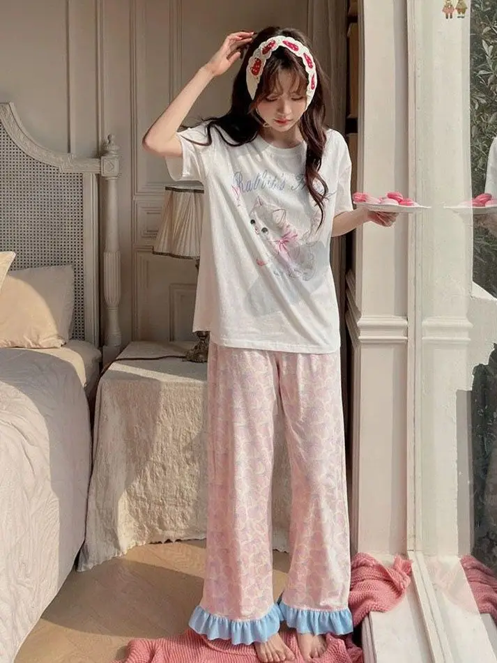 Korejepo модный комплект с короткими рукавами и бантом из кружевных брюк котом