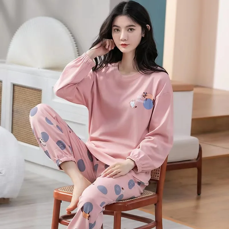Pure Cotton Pajamas Women's Spring and Autumn Models Long-sleeved Home Service Women's Simple Loose Casual Suit Large Size 5XL
