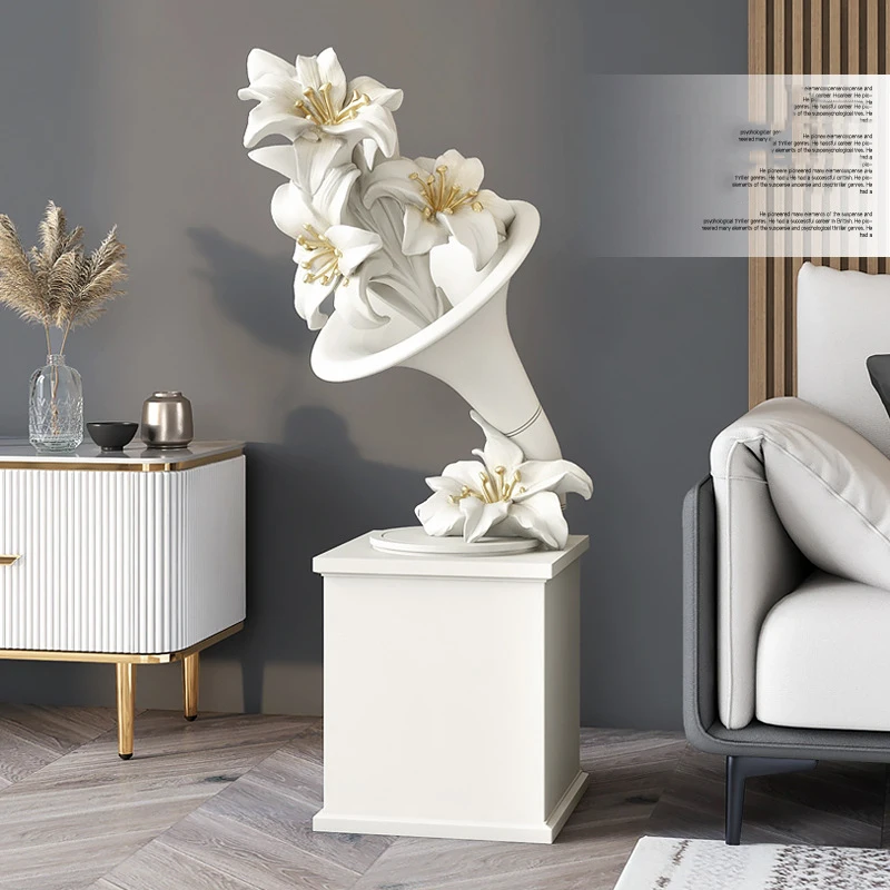 Modern Creative Lily Flower Gramophone Record Player Resin Ornaments Home Porch Cabinet Furnishing Crafts Office Club Decoration