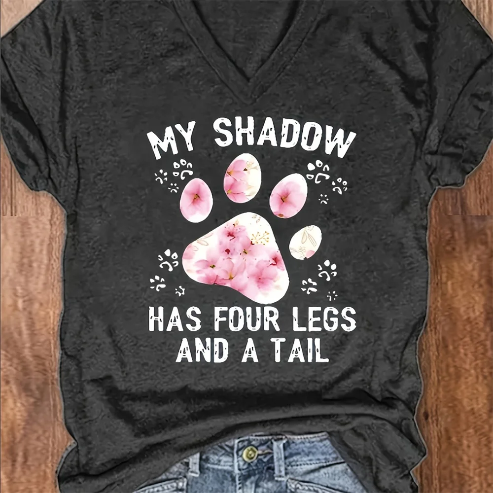 Свободная футболка с v-образным вырезом и принтом собачьей лапы мягкий дышащий