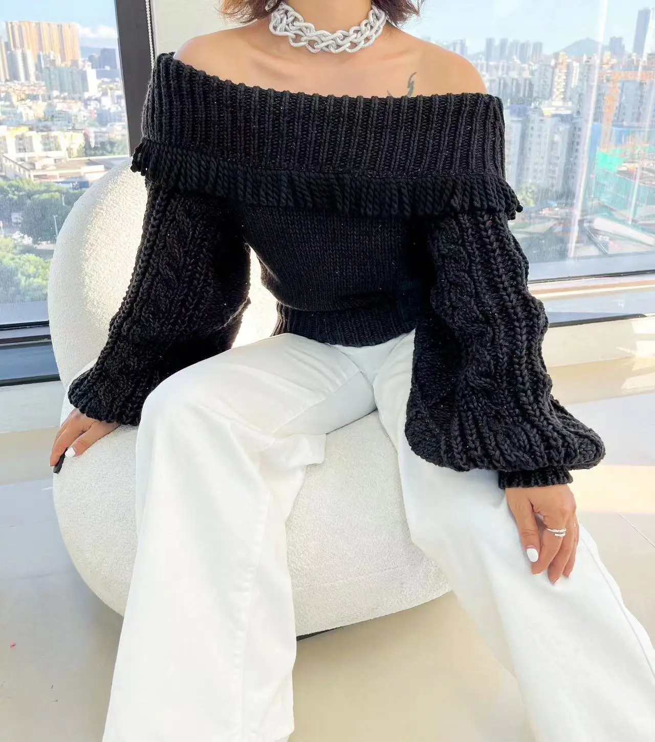 

Женский однотонный пуловер с блестками, элегантный подиумный дизайнерский свитер с длинным рукавом, Осень-зима 2023