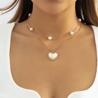 lacteo korean fashion pearl heart pendant necklace set for women multilayer gold color square snake chain chocker necklace gifts