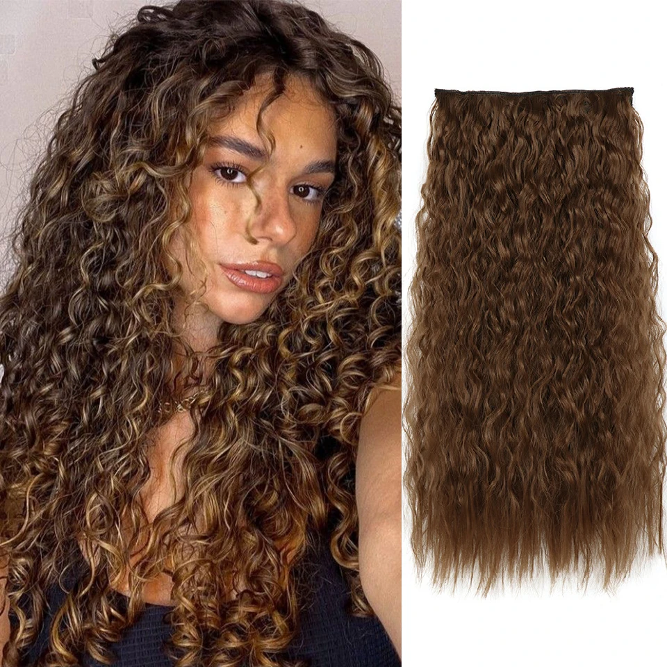 

Synthetic One Piece 5clips Long Curly Clips in Hair Extension Natural Hair Water Wave Blonde Black 22" For Women Hairpieces