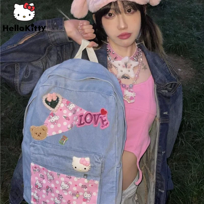 

Sanrio Hello Kitty Bags Splicing Design Y2k Millennial Babes Fashion Backpacks Women Denim Double Shoulder Bag Luxury School Bag