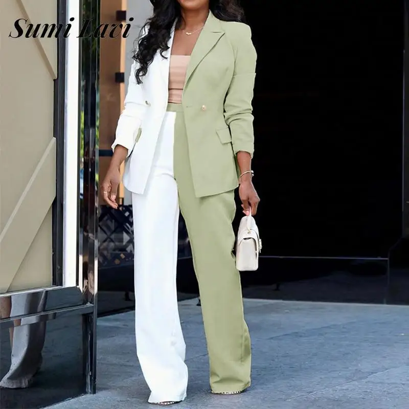 

Office Lady Contrast Color Straight Pant Suit Autumn Lapel Single-Breasted Suit Jacket Trousers Suit Fashion Women's Blazer Suit