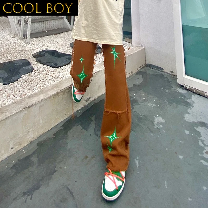 

E BOY Ripped Rage Stars Embroidery Black Mens Denim Trousers High Street Retro Straight Casual Loose Jeans Pants Oversized