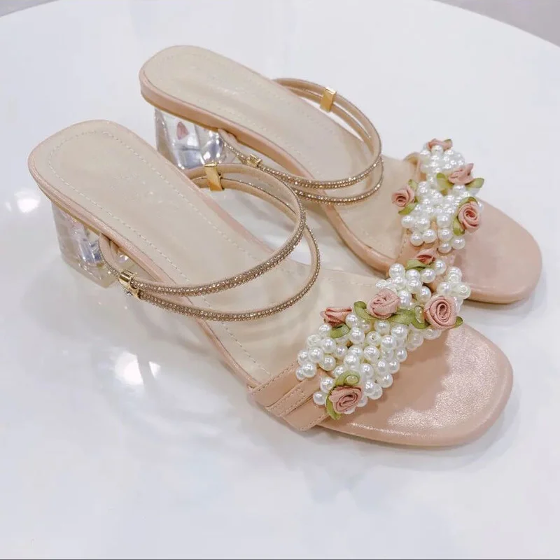 

Slippers Women 2022 New All-match Summer Fashion Crystal Thick Heels Fairy Style Sandals and Slippers Flowers