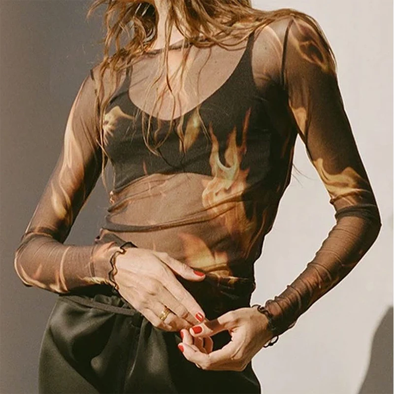 

See Through Mesh Top Women Fashion High Street Flame Print Blouse Women 2022 O-Neck Pullover Long Sleeve Clothing Slim