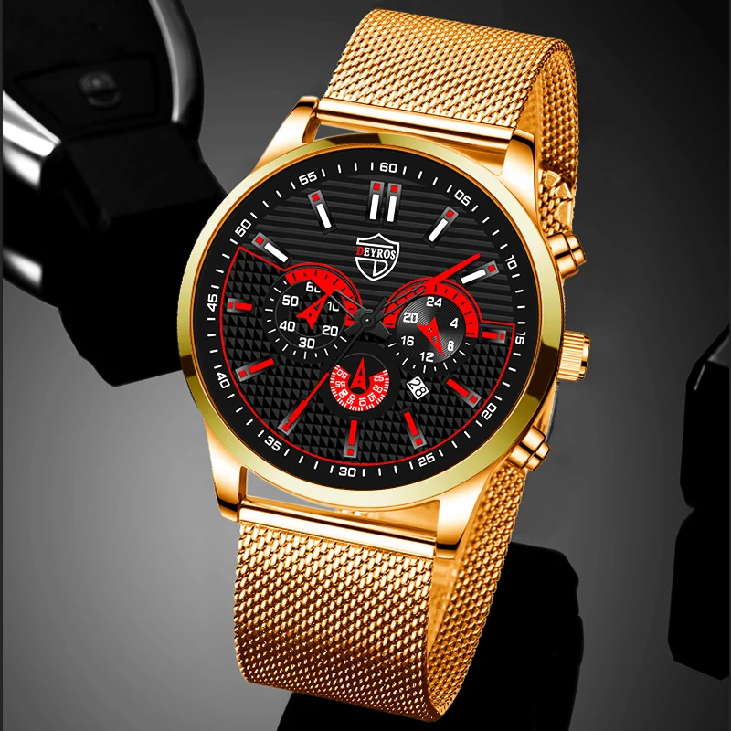

Top Brand Men Watch Luxury Gold Stainless Steel Mesh Belt Quartz Watches Business Leather Mens Luminous Clock relogio masculino