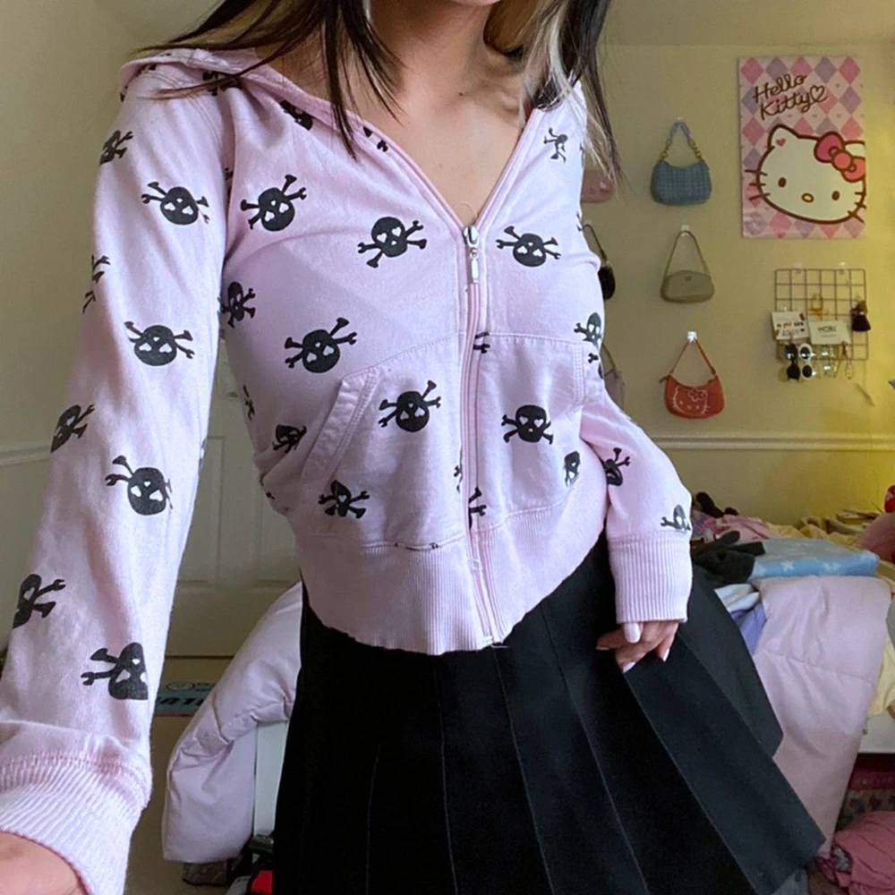 

Женское винтажное пальто гранж Combhasaki Y2k, свитшот с длинным рукавом и принтом черепа в горошек, на молнии, верхняя одежда с карманами, куртка н...