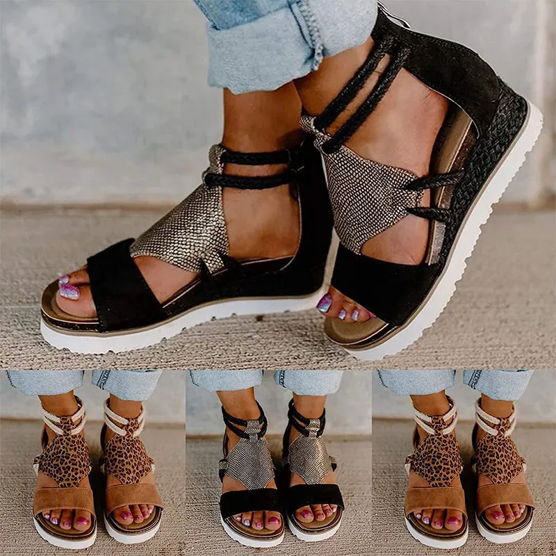 

Summer Women Sandals Peep Toe Leopard Wedge Platform Sandals Ladies Straw Bottom Slip On Beach Shoes Female Plus Size