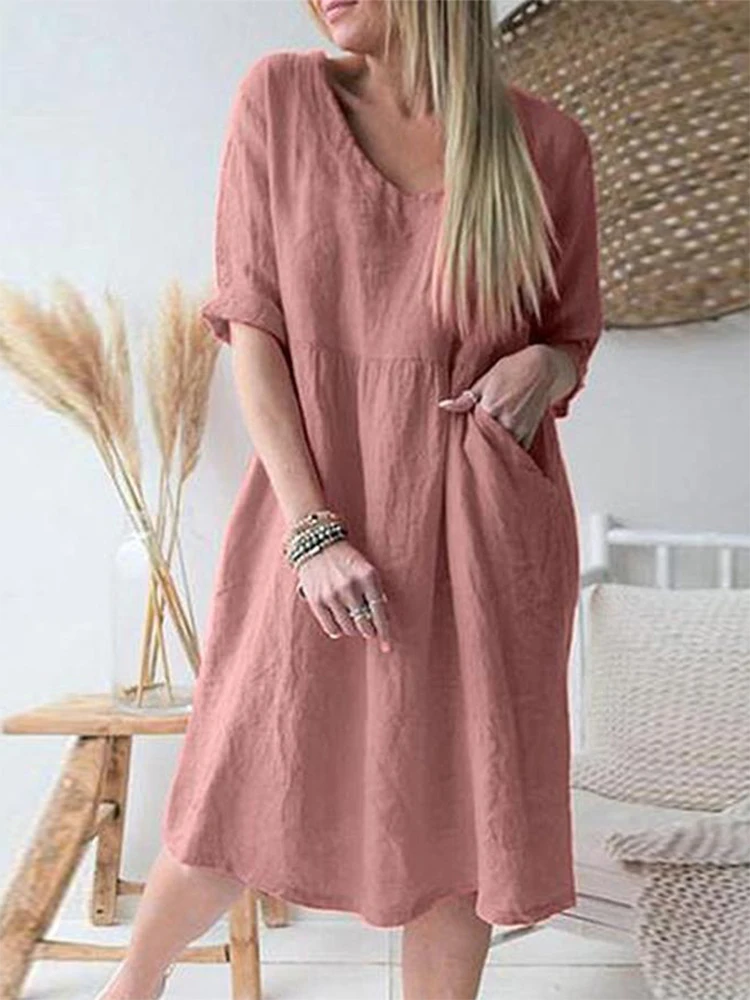 

Elegant V-Neck Casual Cotton Linen Pullover Dress New Casual Loose Solid Simple Dress Women Summer Three Quarter Sleeve Vestidos