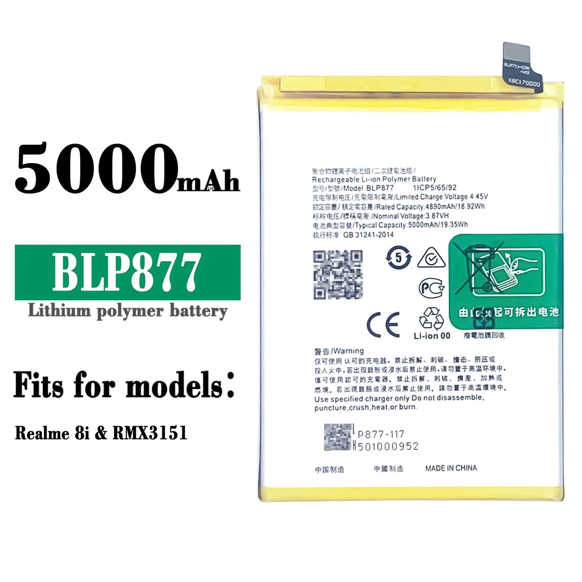 

100% Orginal High Quality Replacement Battery For OPPO Realme 8i Built-in BLP877 5000 mAh Built-in New Batteries + Tools
