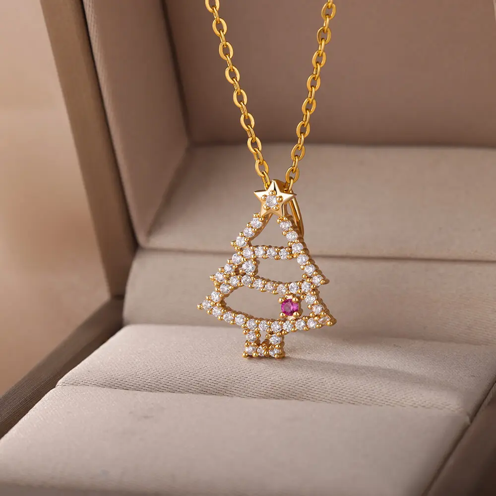 

Crystal Christmas Tree Necklace Women Trend Stainless Steel Zircon Shiny Pendant Choker New Year Ornament 2023 Jewelry Kid Gift