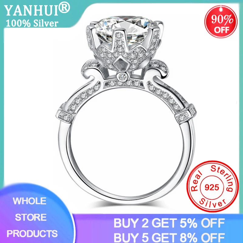 

YANHUI Genuine Tibetan Silver S925 1ct Zirconia Diamond Wedding Ring for Women Six-claw Crown Rings Fashion Jewelry Carving S925