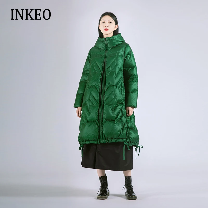 

Casual Women Winter Long down jacket Green 2022 New Loose Hooded puffer jacket snow wear Zipper overcoat Clothing INKEO 2O129