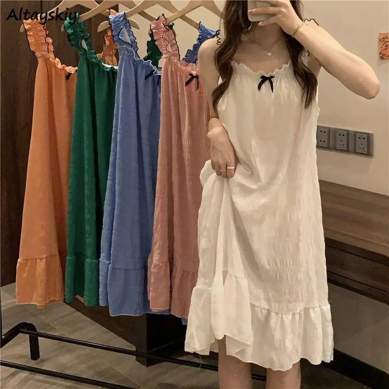 

Ночные рубашки женские с оборками без рукавов домашняя летняя Милая свободная одежда миди в Корейском стиле на тонких бретелях