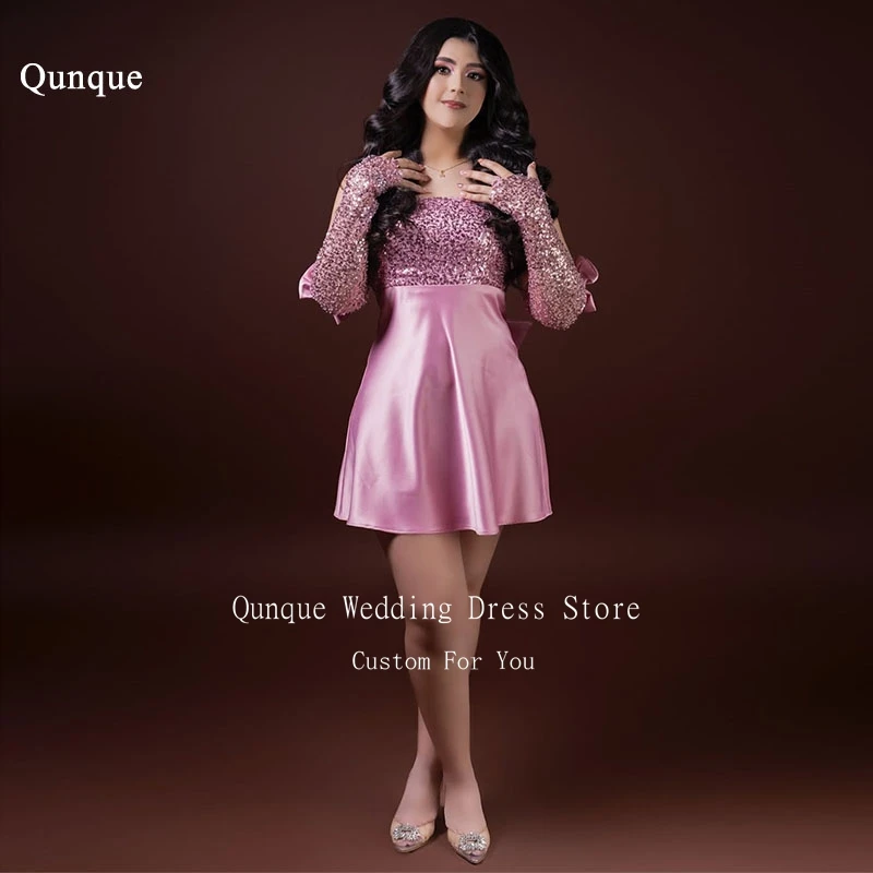 Q (0) Блестящие короткие вечерние платья с блестками со съемными рукавами и
