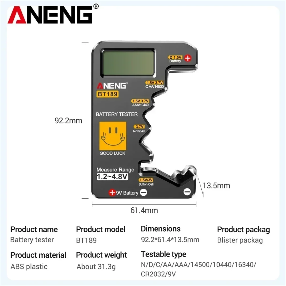 Цифровой тестер батареек ANENG BT189 с ЖК-дисплеем для AA, AAA, C, D, 9V, 1.5V, 3V, кнопочных батареек, универсальный детектор батареек (art.: 3920da2fdb51c) - 3920da2fdb51c