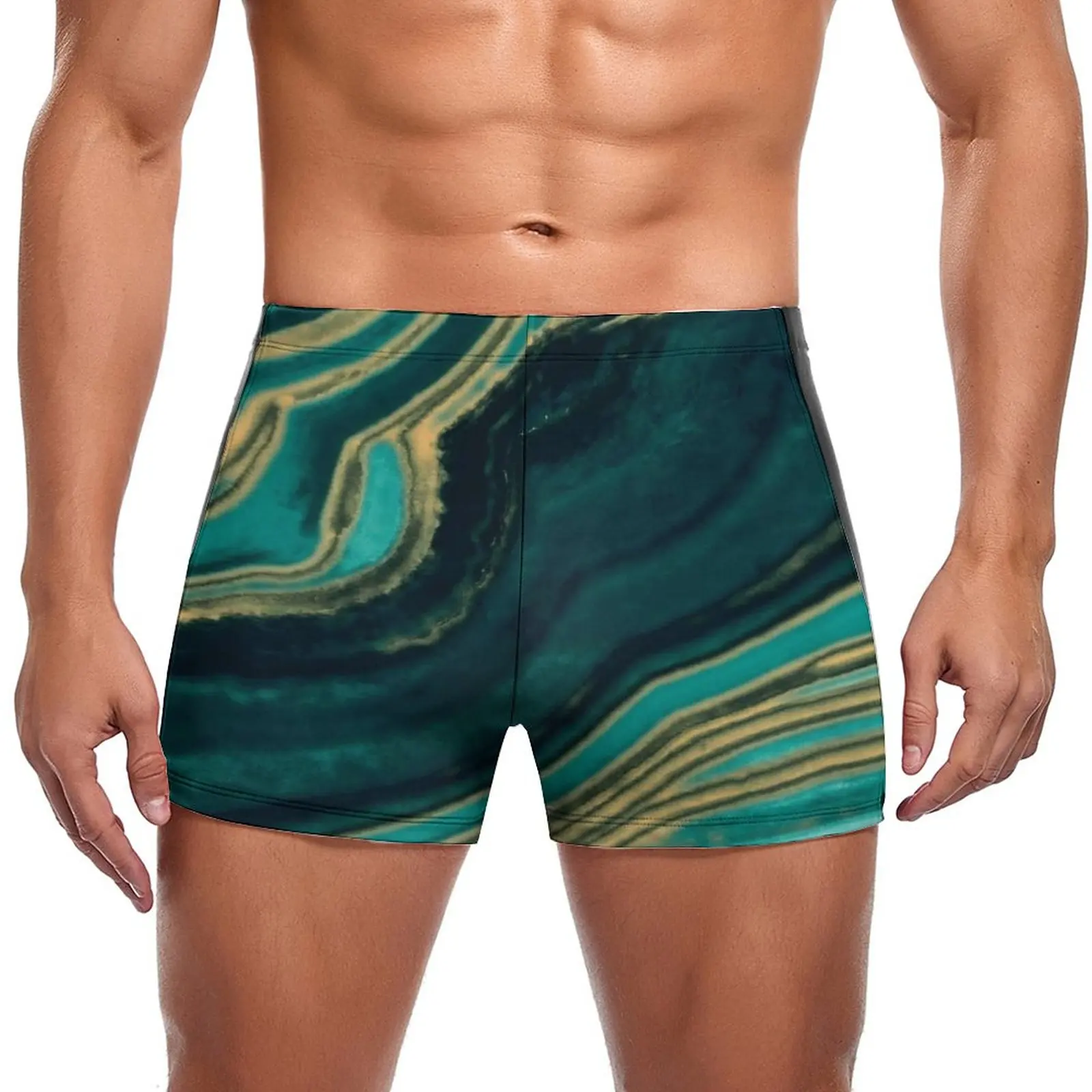 

Marble Art Swimming Trunks Aqua And Metallic Gold Marble Texture Elastic Fashion Swim Boxers Push Up Beach Man Swimwear