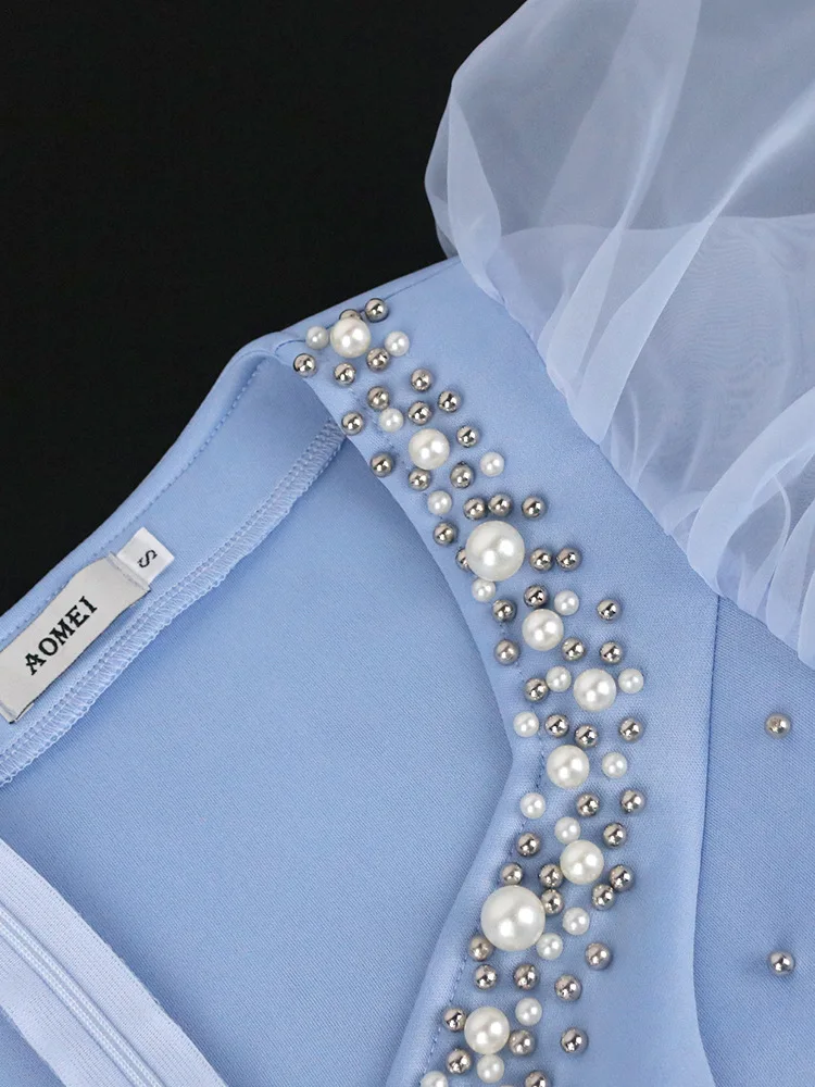 Plus Size Women Dreeses Square Neck Stud Beads Perspective Lantern Sleeve Dress Elegant Banquet Dress One-step Dress Partydress