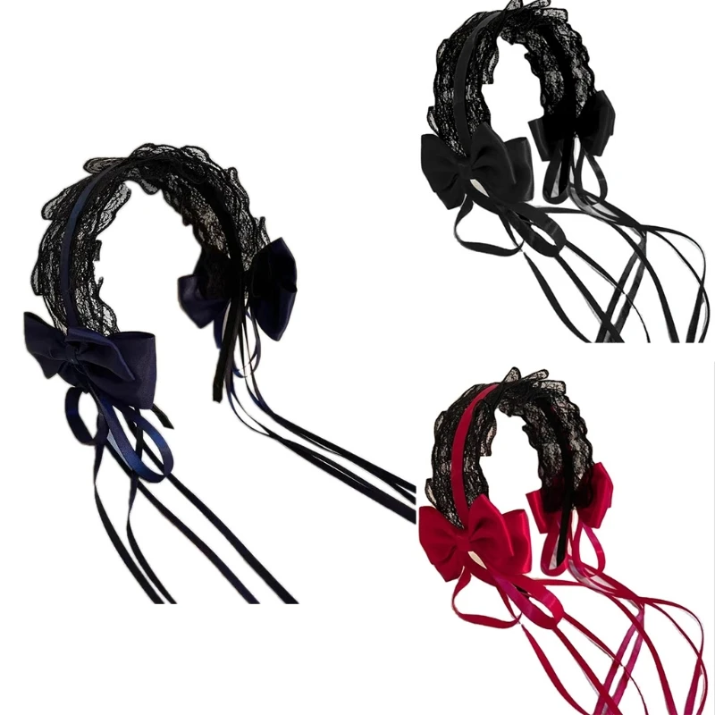 

F42F Women Mesh Lace Headdress with Bowknot Lovely Tassel Headband Maid Anime Cosplay Novelty Hair Hoop Props