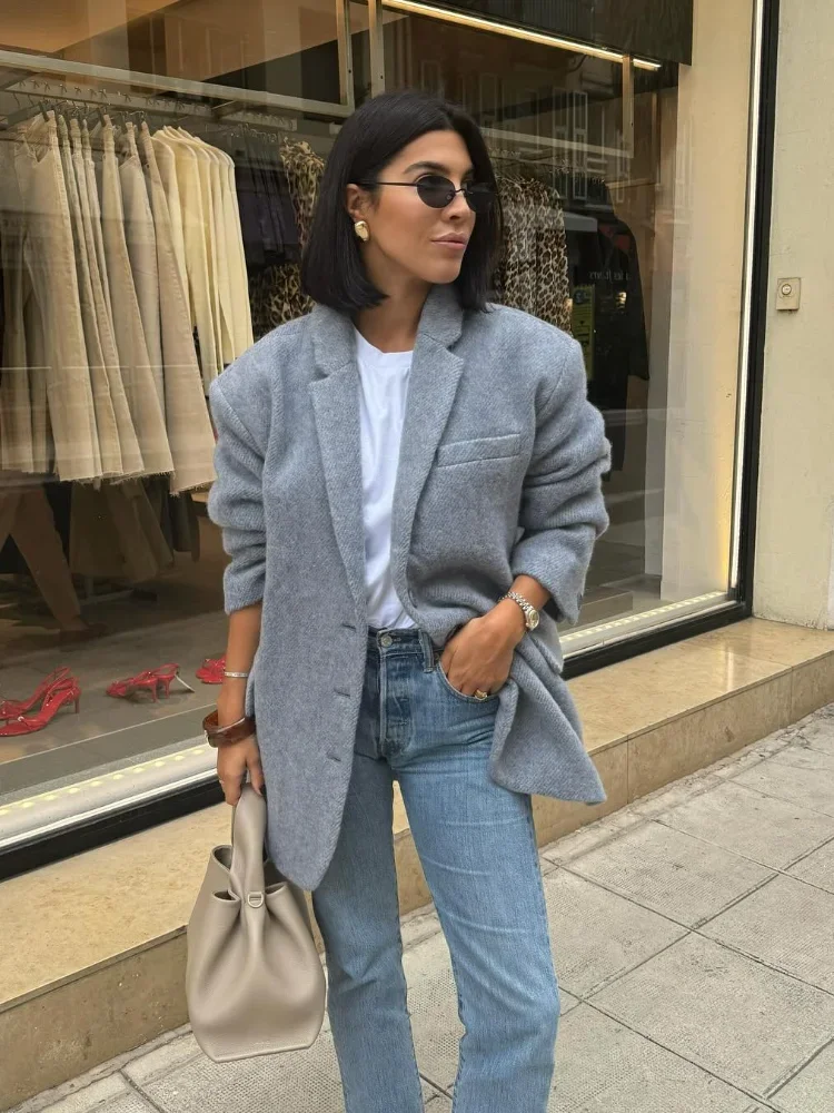 2024 новый модный серый шерстяной женский пиджак шикарный однобортный с клапанами