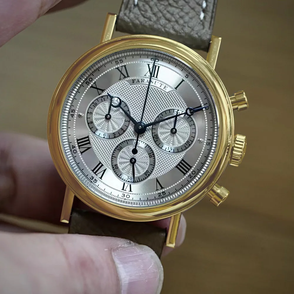 FARASUTE Men Automatic Watch 38mm Vintage Chronograph Mechanical Wristwatch Sapphire Triple Windows Waterproof Dandong 4130