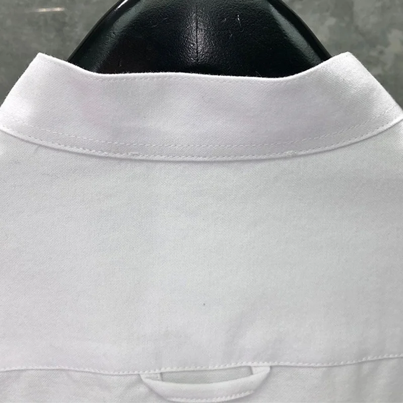 TB THOM Shirt High Quality Cotton Long Sleeve Dress Shirts Classic Fashion White 4-bar Stripes Solid Men Women Clothing